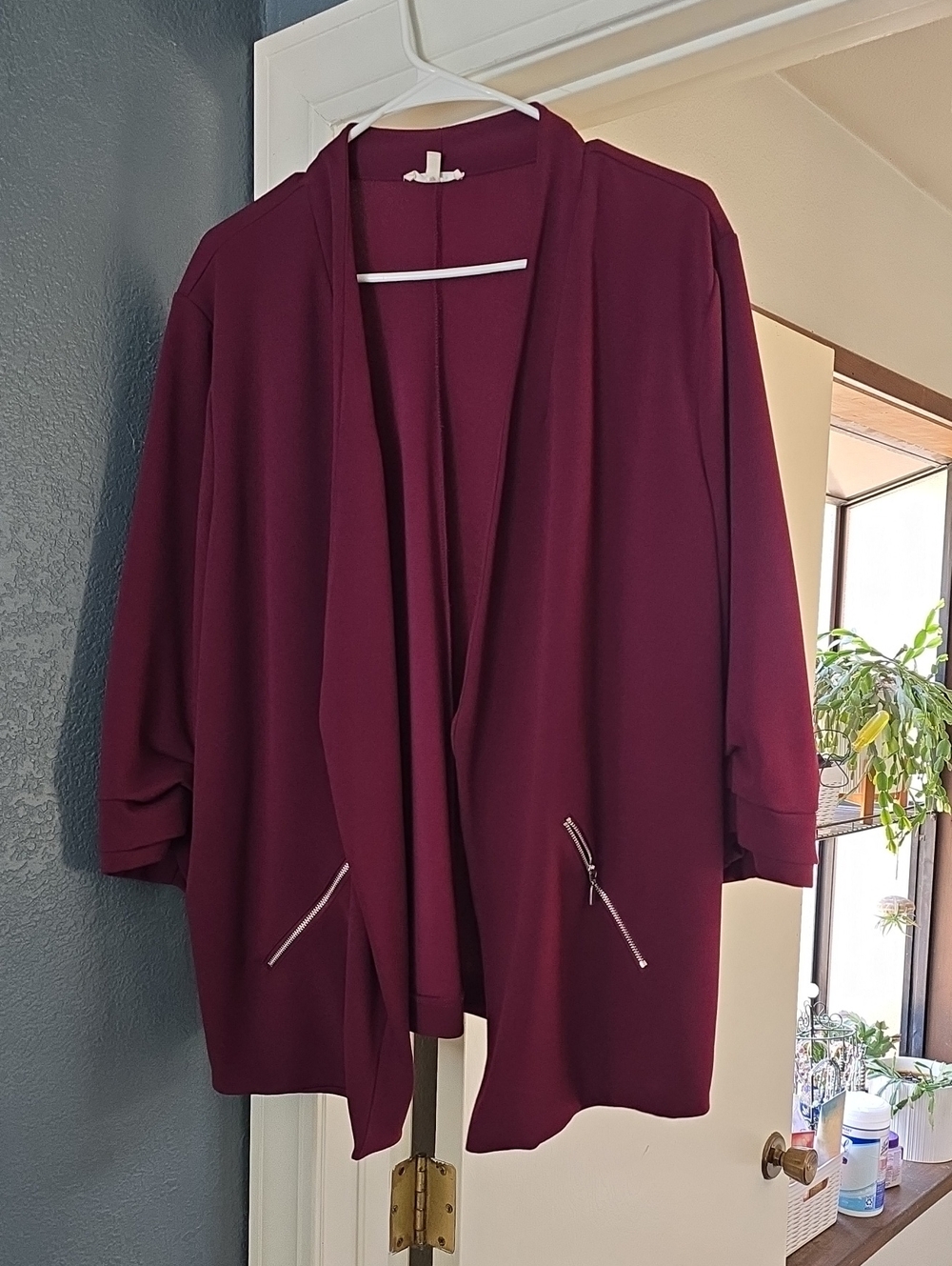 Open Front Jacket with Zipper Pocket Details - Wine